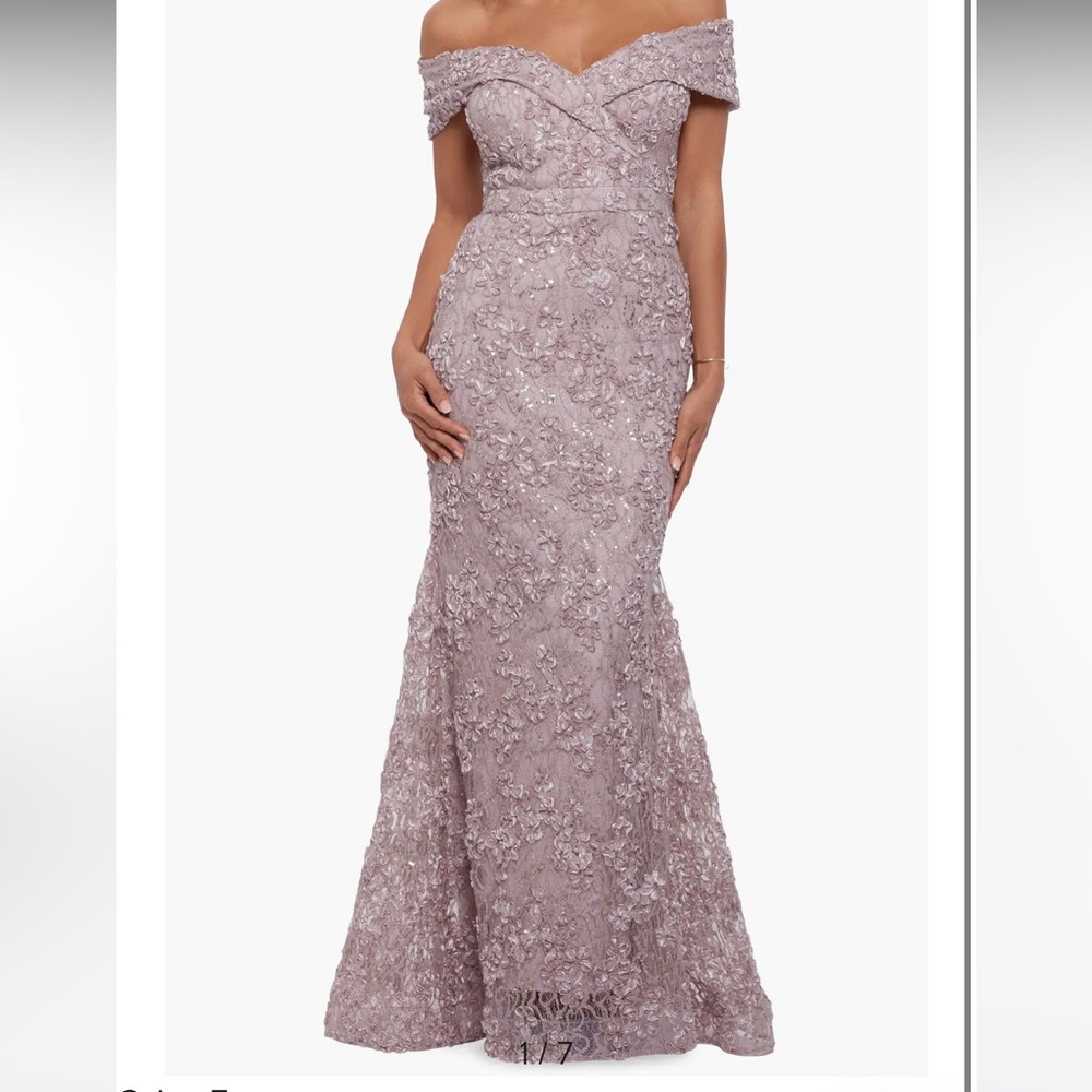Xscape Evenings Off the Shoulder Embroidered Gown